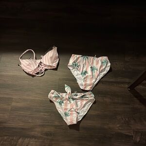 Kenny Flowers Pink and White Striped Bikini Set with Palm Tree Design
